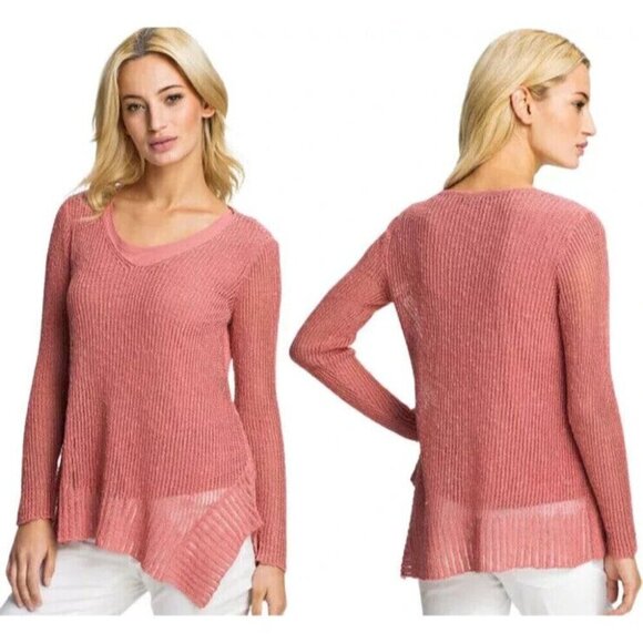 Eileen Fisher Airy Linen Grain Rib V Neck Sweater Size L Coral Tunic Top - Picture 2 of 13